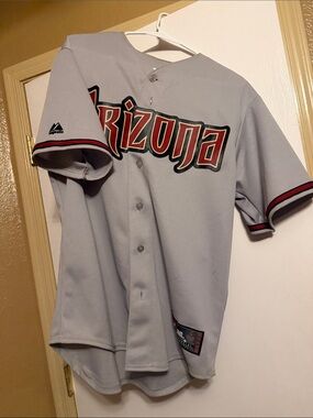 Majestic Light Gray Baseball Jersey with Red and Black Patch